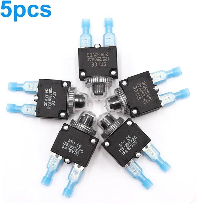 mxuteuk 5Pcs 3,5,10,15,20Amp Circuit Breakers Push Button Manual Reset 125/250V AC 32V DC,Overload Protector Switch Thermal Circuit Breakers with Quick Connect Terminals and Waterproof Button Caps