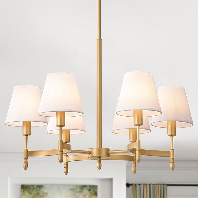 27'' Gold Chandelier Chandelier for Dining Room with White Fabric Shades, 6-Light Modern Farmhouse Chandelier Adjustable Brass Pendant Light Fixture for Living Room Kitchen Entryway Foyer
