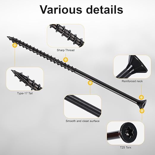 Wood Screws #10 x 5’’, T25 Star Torx Drive Flat Head Deck Screws, Black, 42Pcs (1lb)