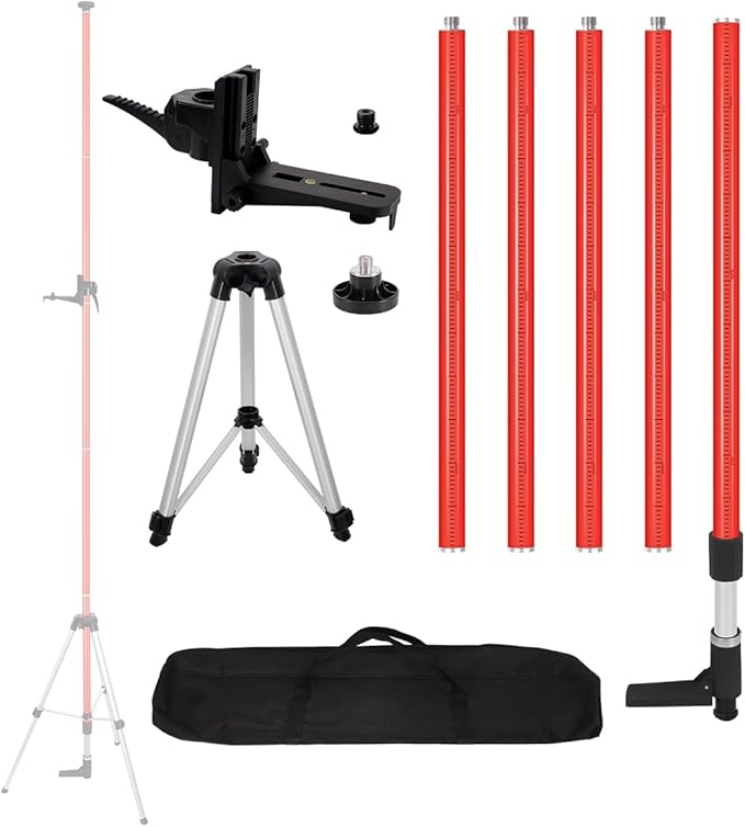 12 Ft./3.7M Professional Lasers Level Pole with Tripod, Adjustable Telescoping Pole for Leveling Tools, Multi-functional Fine-tuning Bracket with 1/4” and 5/8” Thread Adapters, Includes Carrying Bag