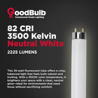GoodBulb 25W 36 Inch T8 Fluorescent Light Bulb 3500K Soft White Light Color, Medium Bi-Pin Base 2225 Lumens 86 CRI 36000 Life Hours Instant/Programmed Start 25 Bulbs Pack