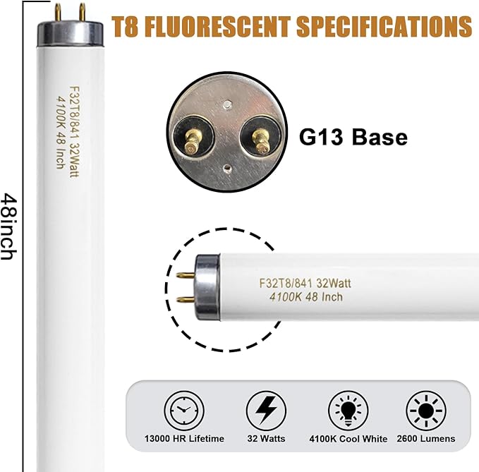 25 Pack F32T8/841 32W 48 Inch T8 Fluorescent Tube Light Bulb 4100K Cool White Light, 4ft Fluorescent Bulb 2800 Lumens, FO32/841/ECO G13 Medium Bi-Pin Base