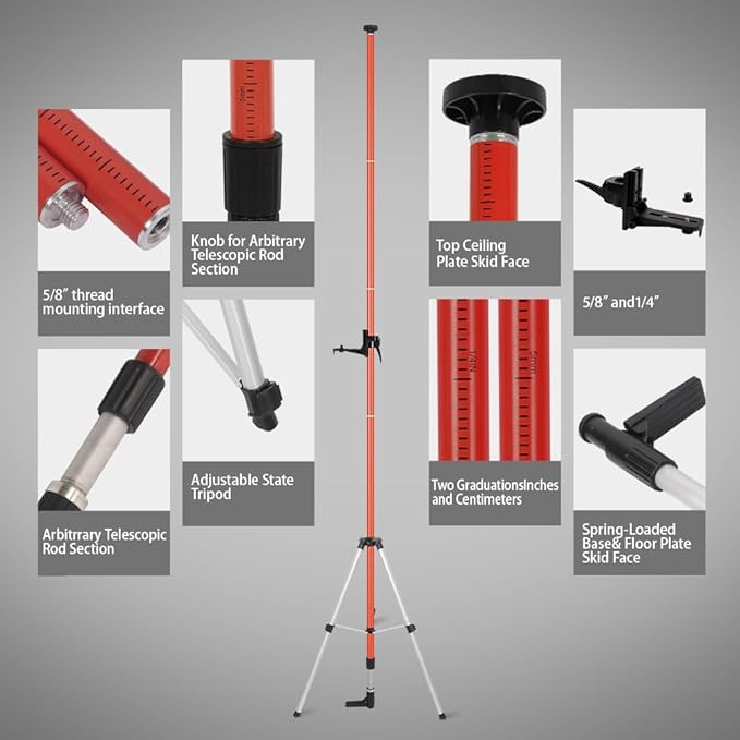 Laser Level Pole with Tripod, Telescoping Tripod, 12 Ft./3.7M with 1/4-Inch by 20-Inch Lasers' Mount for Rotary and Line Lasers' Level, 5/8"-11 Adapter Nut Included, Red