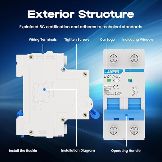AC Miniature Circuit Breaker, 120V/240V 2 Pole 40 Amp DIN Rail Mount Circuit Breaker, MCB C40 Solar AC Disconnect Switch,Thermal Magnetic Trip