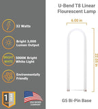 Diodesy- U-Bend T8 Fluorescent Tube Light Bulb 32W 3000 Lumens 5000K Bright White G13 Miniature Bi-Pin Base Rohs Compliant Pack of 12- U Shaped Linear Replacement Lamp