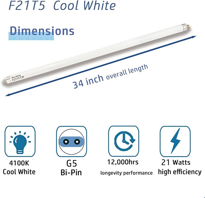 6pack F21T5/841 34 inch Cool White Fluorescent Light Bulb, 21Watt 4100K Neutral White Light T5 Type Tube, High Brightness 1780 Lumen