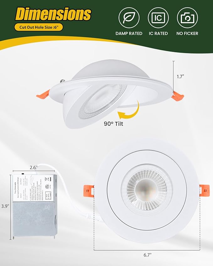 ZYC Gimbal LED Recessed Lighting - 6 Inch 5CCT 12W 360° Rotation Adjustable Eyeball Light,LED Swivel Spotlight,Directional Sloped Ceiling Light,Dimmable Canless Wafer Downlight Pack of 6 White.