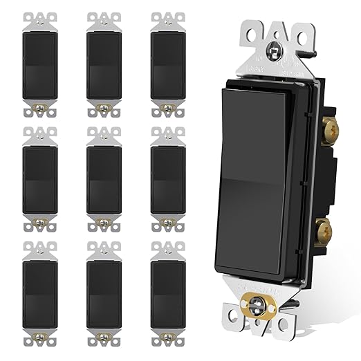 AIDA Single Pole Rocker Decora Light Switch, 15 Amp Self-grounding Electrical Light Switches, Residential Grade, UL Listed (10 Pack, Glossy Black)