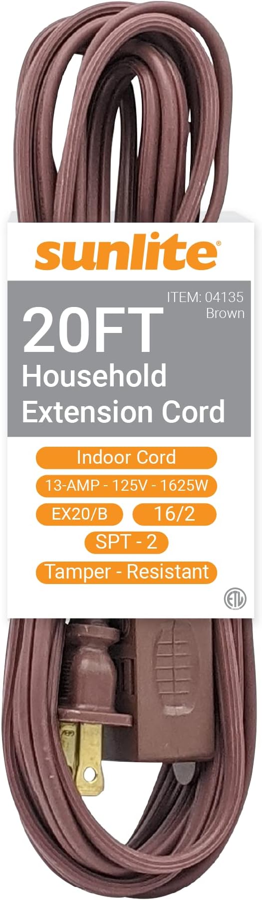 Sunlite 04135 20-FT Household Extension Cord, Three 2-Prong Polarized Sockets, Tamper Guards, Indoor Use, for Small Appliances, Electronics, Lamps, ETL Listed, SPT-2, 1625 Watts 13 Amps, 125V, Brown