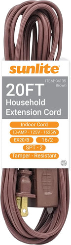 Sunlite 04135 20-FT Household Extension Cord, Three 2-Prong Polarized Sockets, Tamper Guards, Indoor Use, for Small Appliances, Electronics, Lamps, ETL Listed, SPT-2, 1625 Watts 13 Amps, 125V, Brown