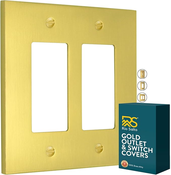 Rio Salto Modern Metal Vibrant Yellow Gold Double Decorator Wall Outlet Cover Light Switch Cover Double Rocker Decora Electrical Wall Plate MIDSIZE Outlet Covers Decorative (Rocker, 2-Gang)