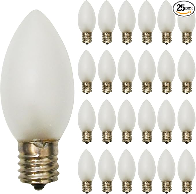 25 Pack C9 Frosted White Replacement Light Bulbs, 7W Vintage Incandescent Light Bulbs for Christmas Outdoor Indoor String Lights, E17 Intermediate Base Night Light Chandelier Bulbs- Frosted White