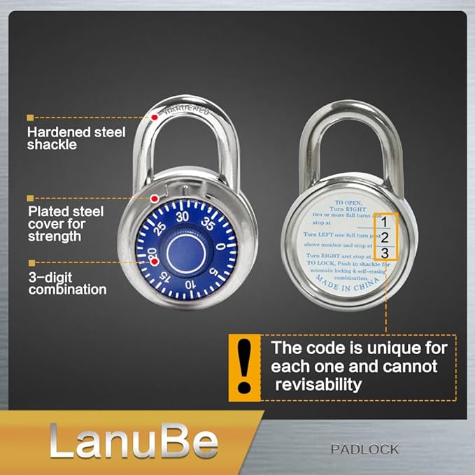 LanuBe Standard Dial Combination Lock, 2 in. Wide, with Different Combinations, Blue Turnplate, Pack of 60; Lock for School, Employee, Gym Sports Locker, Case, Toolbox, and so on