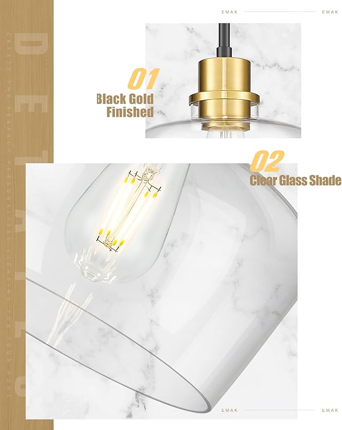 Emak 10 Inch Large Glass Pendant Lights Kitchen Island, Black and Gold Pendant Light Fixtures, Modern Farmhouse Island Lights for Kitchen, Dining Room, Bathroom, PL126-BKBGD-CG