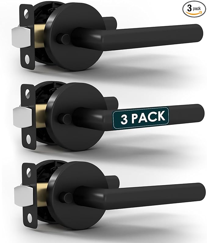 Mega Handles Ronn Privacy Door Handle - 3 Pack Reversible Interior Black Door Handle, Heavy Duty Bed & Bath Door Handles with Privacy Door Lock, Fits All Standard Doors - Matte Black