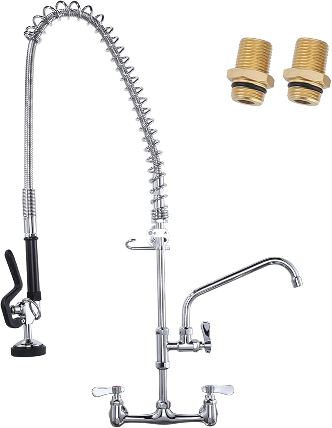 Commercial Kitchen Faucet Wall Mount with Pre-Rinse Sprayer 36" Height Wall Mount Kitchen Sink Faucet 8 Inch Center with 10" Add-on Swing Spout Faucet & Coiled Spring Pull Down Spray