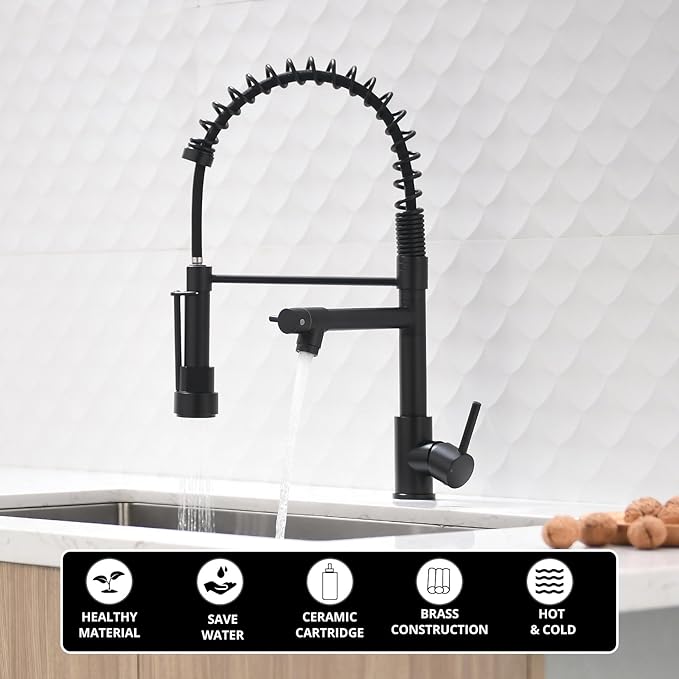 AIMADI Black Kitchen Faucet with 2 Function Sprayer,Commercial Stainless Steel Single Handle Single Hole Spring Matte Black Kitchen Faucet