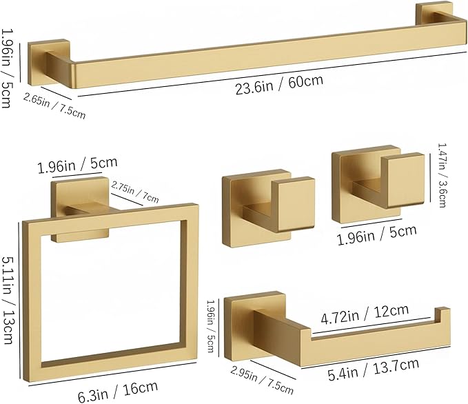 5-Piece Brushed Gold Bathroom Accessories Set – 23.6" Towel Bar, Towel Ring, Toilet Paper Holder & Hooks, Wall Mounted Bathroom Hardware, Rust & Corrosion-Resistant, Ideal for Modern Bathrooms