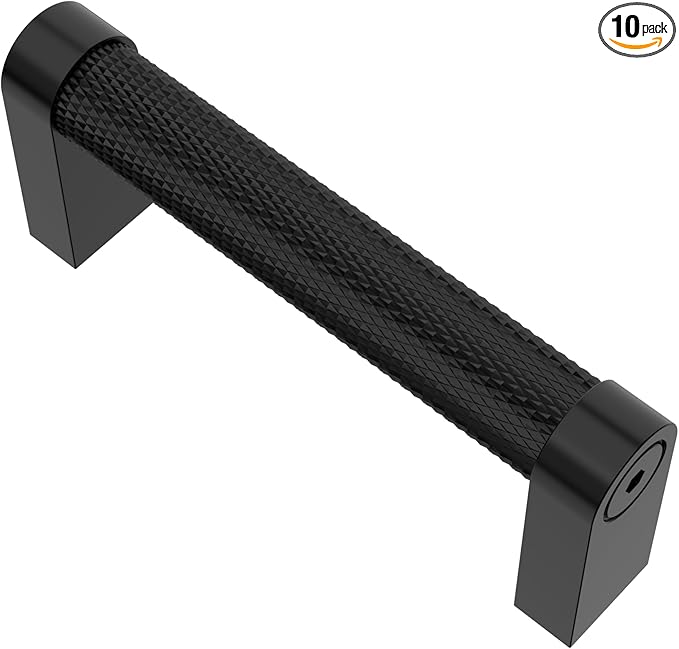 Alzassbg 10 Pack Matt Black Cabinet Pulls, 3 Inch(76mm) Hole Centers Cabinet Handles Kitchen Hardware Knurled Drawer Handle Pull AL3101MB