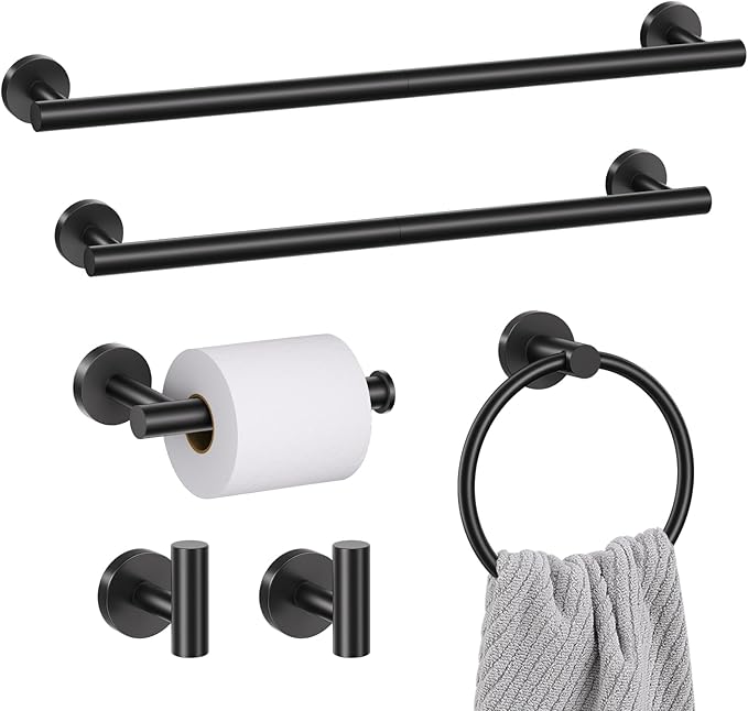 6 Pieces Matte Black Towel Bar Set Bathroom Hardware Set, 23.6Inch Towel Holder Set Towel Racks for Bathroom, SUS304 Stainless Steel Bathroom Accessory Set