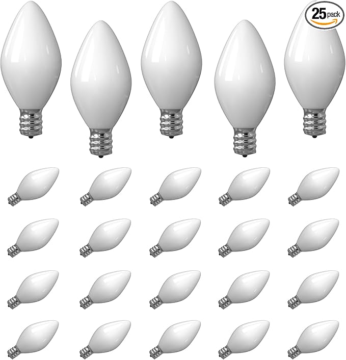 SUNSGNE C7 LED White Replacement Christmas Light Bulbs - 0.6W LED E12 Candelabra Base Bulbs - Perfect for Salt Lamps, Night Lights and Decorative Lights - Pack of 25