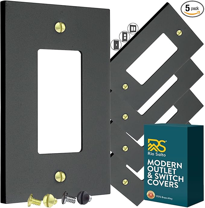 RIO SALTO Modern Metal Matte Black Wall Outlet Cover Light Switch Cover Rocker Decora Electrical Switch Covers Decorator Plug Wall Plate Electric Outlet Covers Black Receptacle - Midsize 1 Gang 5-Pack