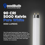 GoodBulb 32-Watt 48 Inch T8 Fluorescent Light Bulb 5000K Daylight White Light Color Medium Bi-Pin Base 3050 Lumens 86 CRI 24000 Life Hours Instant/Programmed Start (Pack of 25 Bulbs)