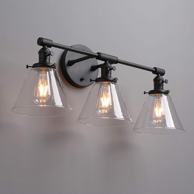 Phansthy 3-Light Wall Sconces Antique Brass Vanity Light, Industrial Wall Lamps with On Off Switch and Clear Glass Lampshade, Vintage Wall Lighting for Bathroom Living Room (Black, Cone Shade)