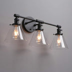 Phansthy 3-Light Wall Sconces Antique Brass Vanity Light, Industrial Wall Lamps with On Off Switch and Clear Glass Lampshade, Vintage Wall Lighting for Bathroom Living Room (Black, Cone Shade)