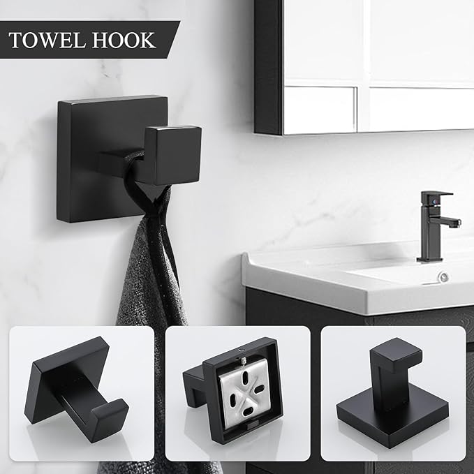 TURS Black Bathroom Towel Bar Set Square 5 Pieces Bathroom Hardware Set Matte Black Towel Holder Set Wall Mounted,SUS304 Stainless Steel, 23.6 Inch