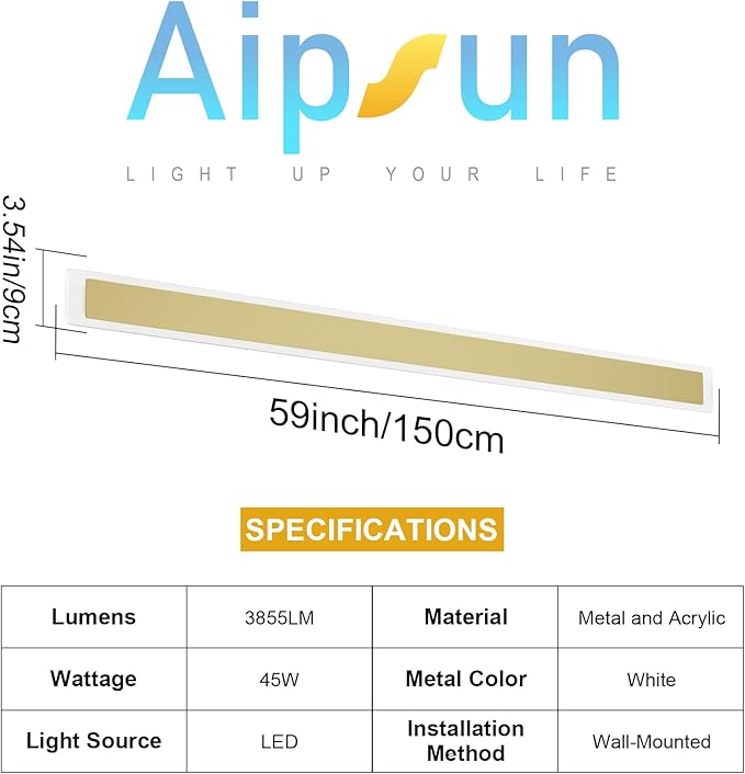 Aipsun Porch Wall Lights 59inch Long Strip Modern Outdoor Wall Light Fixture, Gold Wall Mount Lighting Sconce Exterior Lights Wall Sconce 3000K for House Living Room Corridor(1 Pack)