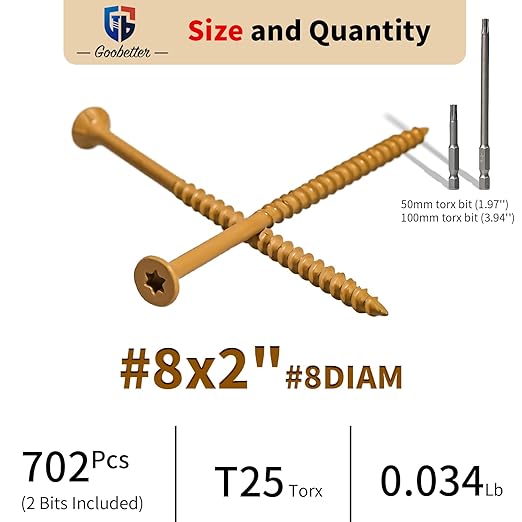 Deck Screws 2 Inch, 700 PCS Wood Screws #8 x 2, Exterior Epoxy Coated, Torx/Star Drive Head Screw, Rust Resistant, Construction Fence Screws, 2 Pcs T25 Star Bits Included, Yellow