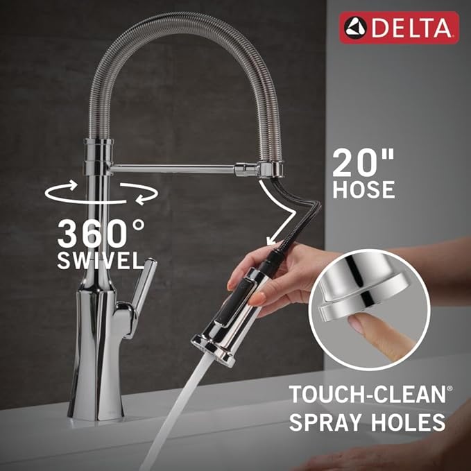 Delta Ermelo Pro Style Commercial Kitchen Faucet with Pull Down Sprayer, Chrome Single Hole Kitchen Sink Faucet, Single Handle, Chrome 18887-DST