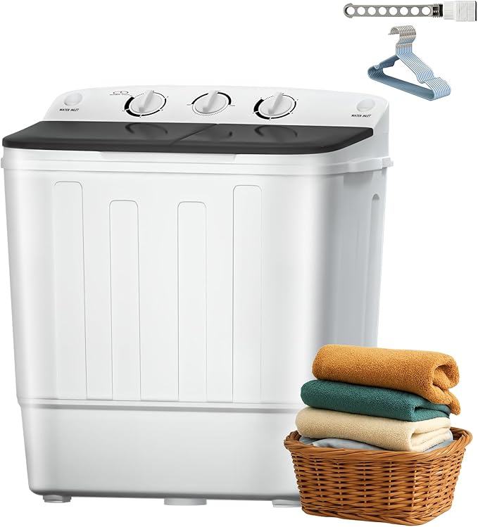 Portable Mini Twin Tub 18Lbs Washing Machine with Drying Rack & 10 Hangers, Washer(11Lbs) and Spinner(7Lbs) Combo with Timer Knob, Compact Semi-automatic Laundry Washer for Home Dorm Apartment, Black