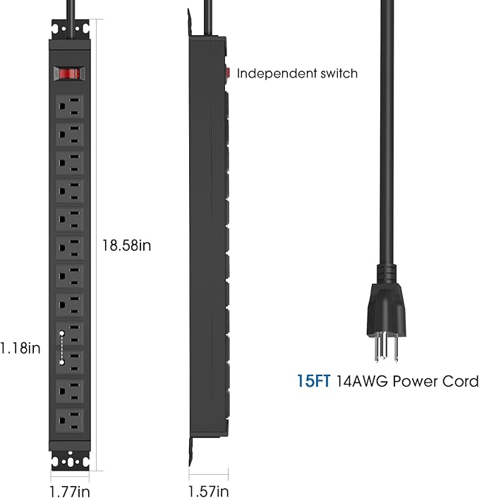 HHSOET Rotating Mountable Power Strip, 12 Outlet Wall Mount Surge Protector, Metal Heavy Duty and Versatile Outlet Strip, Stylish Appearance, Sturdy and Durable, 15ft Power Cord.(Black)