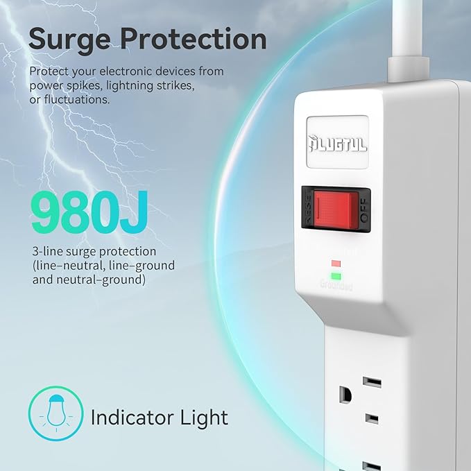 PLUGTUL Surge Protector 20FT (980 Joules), Flat Plug Power Strip, Extension Cord with Multiple Outlets, 7 Outlets, ETL Listed, 14 Gauge, Wall Mountable for Home Office Garage, White