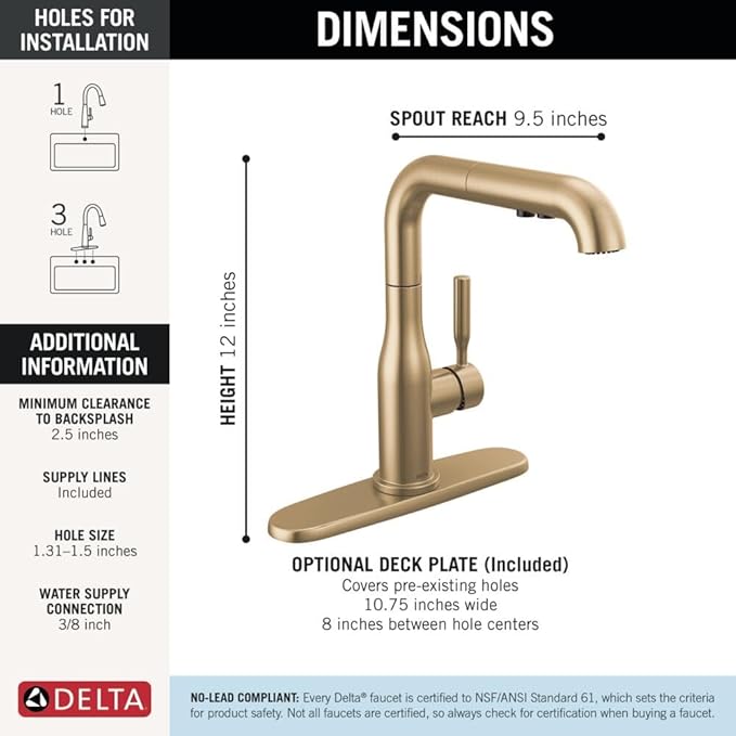 Delta Almari Brushed Gold Kitchen Faucet with Pull-Out Sprayer, Modern Single Hole Kitchen Sink Faucet, Single Handle, Champagne Bronze 16943-CZ-DST