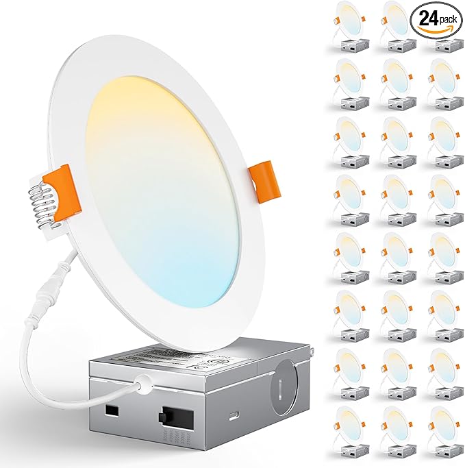 CHARKEE 24 Pack 6 Inch 5CCT Ultra-Thin LED Recessed Ceiling Light with Junction Box, 2700K-5000K, 1050LM High Brightness, Dimmable Canless Wafer Downlight,12W Eqv 110W, ETL & Energy Star & FCC