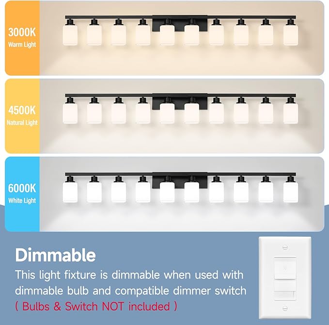 10-Light Bathroom Vanity Light,Modern Matte Black Bathroom Light Fixtures with Square Frosted Glass,64.5in Wall Sconces Over Mirror Restroom,Living Room Hallway E26