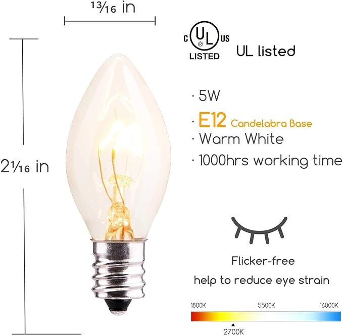 25 Pack Clear Christmas Light Bulbs, E12 Candelabra Base, 5 Watt for String Lights, Replacement C7 Incandescent Bulbs