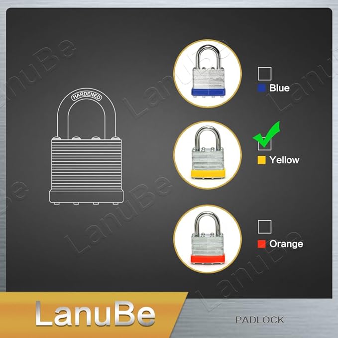 LanuBe Lock Laminated keyed Padlock (1-9/16", 40mm), keyed Alike Locks, Normal Shackle,Marked Yellow Plastic Hoop, Pack of 12