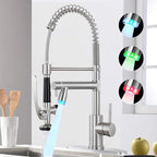 Smart Kitchen Faucet, 3 Modes Pull Down Sprayer, LED Temperature Control, Ceramic Valve,360-Degree Rotation,1 or 3 Hole Deck Plate, Double Spout. 10-Year Warranty. (KW-05SN, Brushed Nickel)