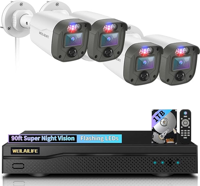 【Flashing LEDs Visual Alert】 Outdoor Wired Security Camera System, Home Video Surveillance Systems, CCTV Cameras System