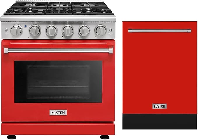 30 inch Freestanding Natural Gas Range or Liquid Propane Gas Range with 5 Burners, Large Capacity 24 inch Top Control Built-In Dishwasher with Third Rack, in Stainless Steel (Red)