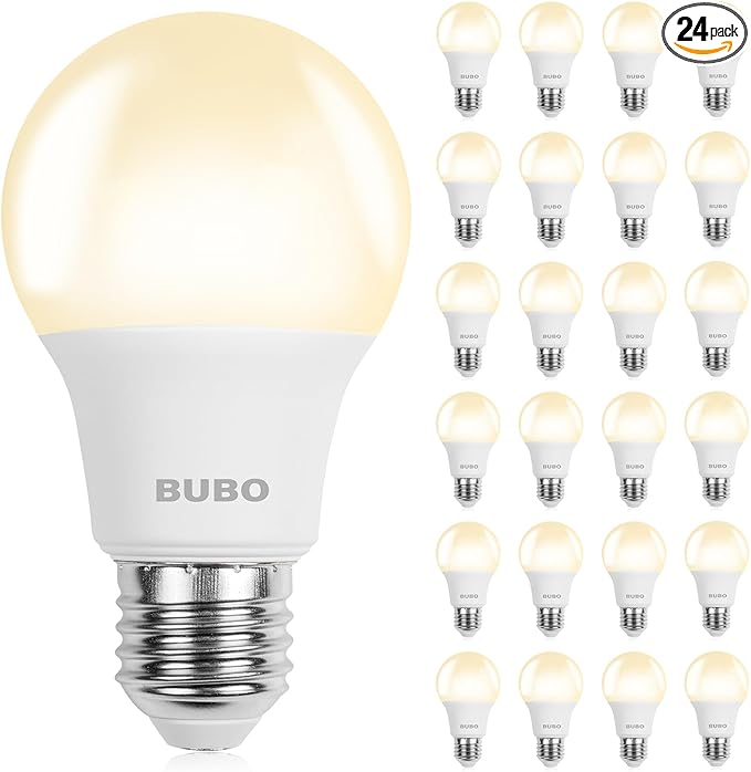 BUBO A19 LED Light Bulbs, 40 Watt Equivalent LED Bulbs, Warm White 3000K, 550 Lumens, E26 Standard Base, Non-Dimmable, 5W Warm White LED Bulbs for Bedroom Living Room Home Office, 24 Pack