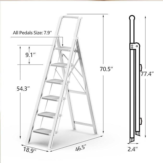 GameGem 6 Step Ladder for 12 Feet High Ceiling, Lightweight Aluminum Folding Step Stool with Convenient Handgrip, Stepladders with Anti-Slip and Wide Pedal for Home Use Space Saving - White