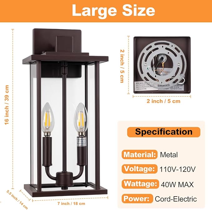2-Pack 16" Large Outdoor Wall Light Fixtures, 2-Light Exterior Front Porch Light, Brushed Outdoor Sconce Lights, Waterproof Farmhouse Lamp Lighting (Bronze, 16in No Sensor)