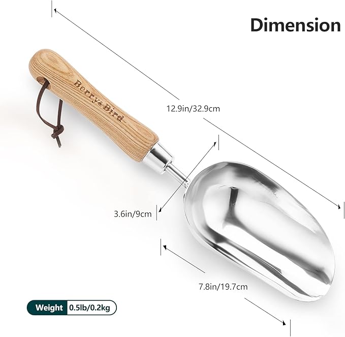 Berry&Bird Garden Loose Soil Scoop, Stainless Steel Hand Shovel Spade with Wood Handle Multi Function Gardening Trowel Spoons for Transplanting, Digging, Planting, Cultivation