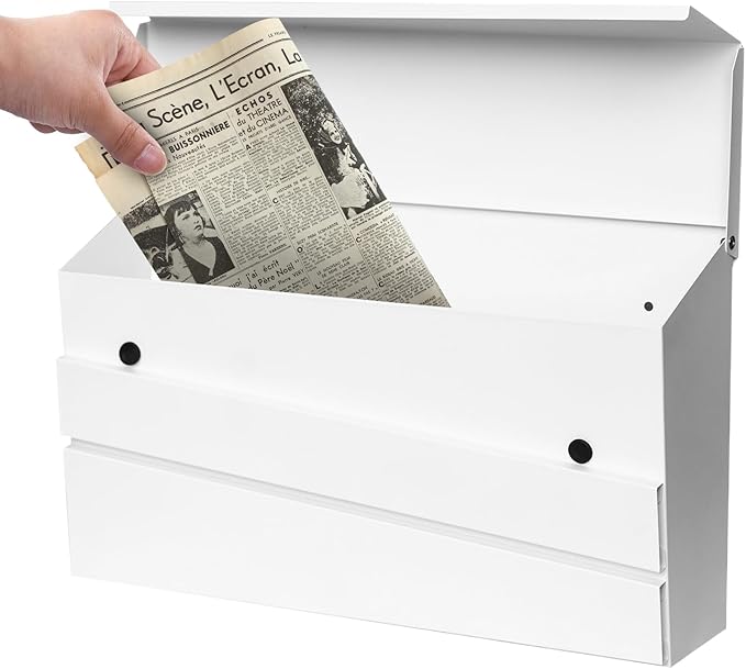 White Wall-Mount Mailbox, Modern Large Capacity Drop Mailboxes for Outside, Rust-Proof Galvanized Steel Post Box (No Keys Locking)