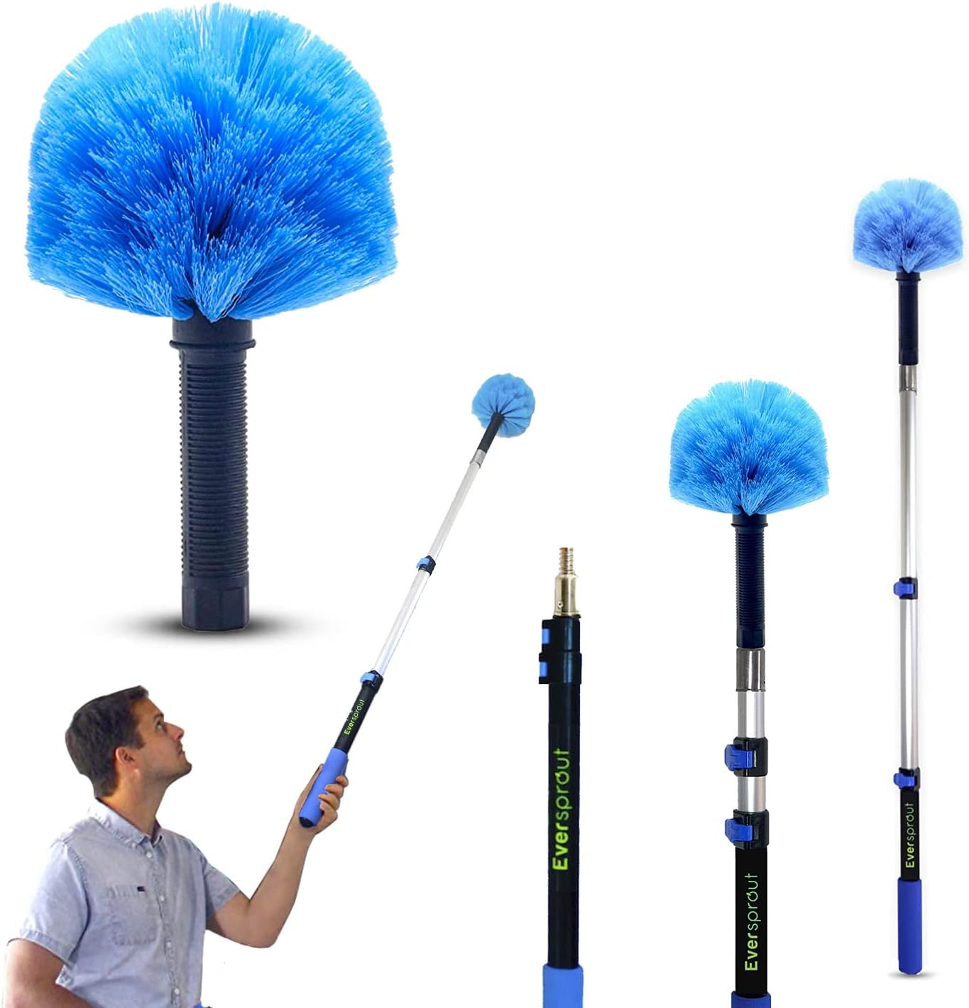 EVERSPROUT 8-10 Feet Standing Reach | 1.5-to-3 Foot Cobweb Duster and Extension-Pole Combo & Lightweight 3-Stage Aluminum Pole | Hand-Packaged Indoor/Outdoor Use Brush Attachment
